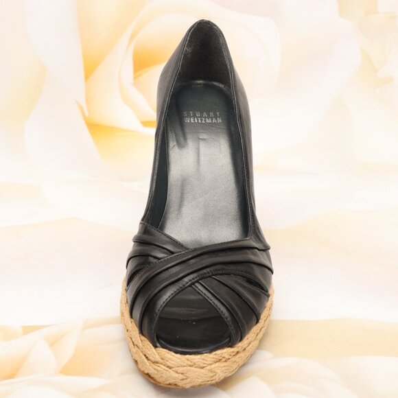 Stuart Weitzman Peep Toe Espadrille Wedge Heels Shoes 7M Black Leather - Picture 4 of 10